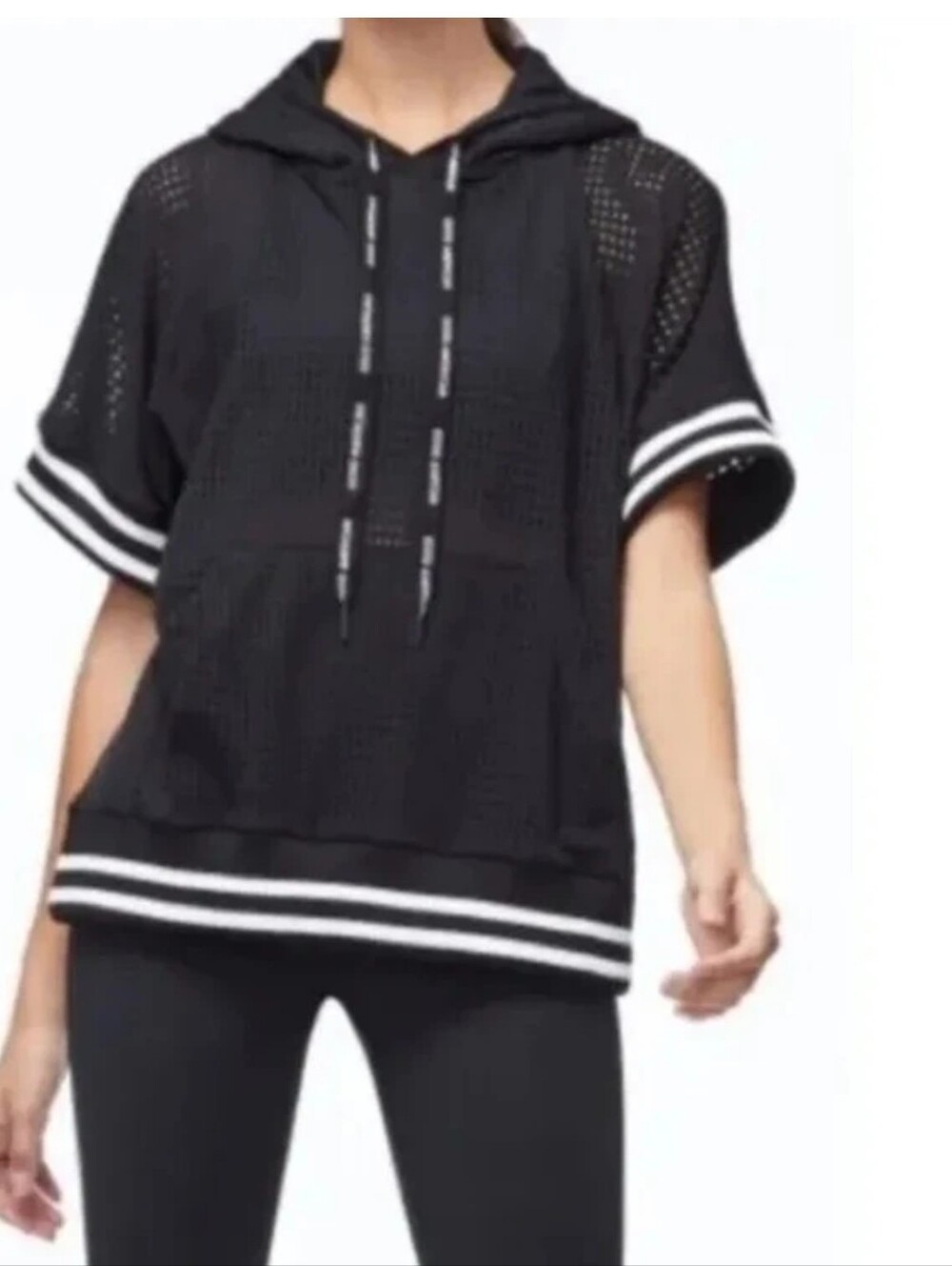 Good American Performance Mesh Hoodie Short Sleeve Top Black Size 2